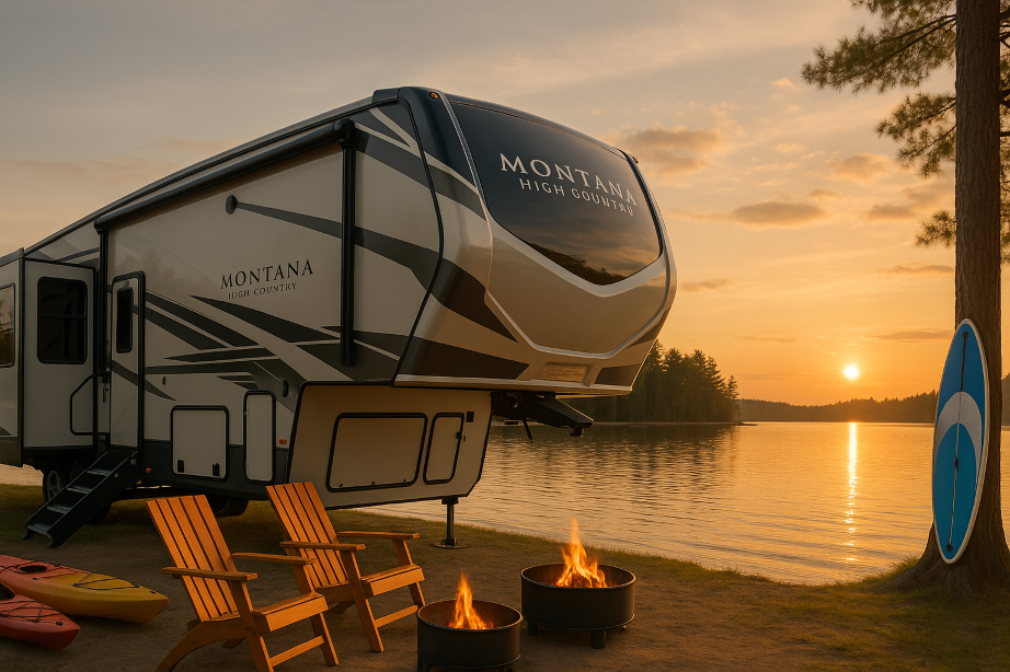 A luxury Montana High Country fifth wheel RV parked at sunset by a tranquil Michigan lake, with a campfire, Adirondack chairs, kayaks, and a paddleboard in view.
