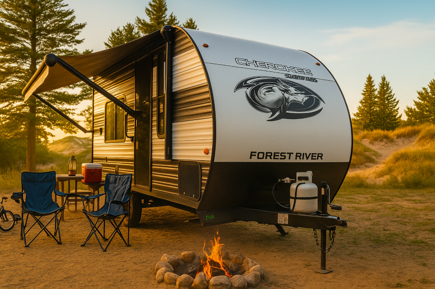 A Forest River Cherokee Wolf Pup travel trailer parked at a sandy Michigan campsite with its awning extended. Two blue camping chairs, a picnic table with a lantern and cooler, a child’s bike, and a stone-ringed campfire complete the cozy morning scene. Tall pine trees and sand dunes rise in the background under soft sunlight.
