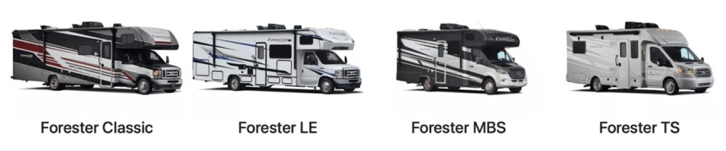 there are 4 types of forest river forester class c motorhomes, the forester classic, forester le, forester mbs, and forester ts
