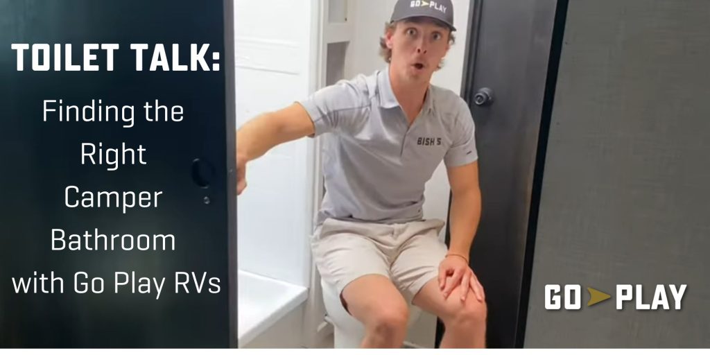 funny picture of man on camper toilet with surprised look on his face with text, "Toilet talk"