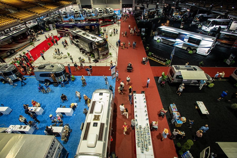A high angle view of an RV Show with lots of Class A and Class B motorhomes.