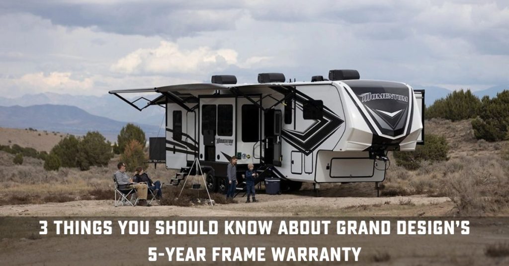Family sitting outside their Grand Design Momentum 5th wheel with text, "3 things you should know about Grand Design's 5-Year frame warranty"