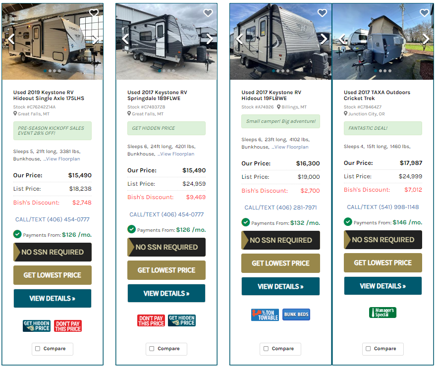 Used RV sample prices from Bishs.com website