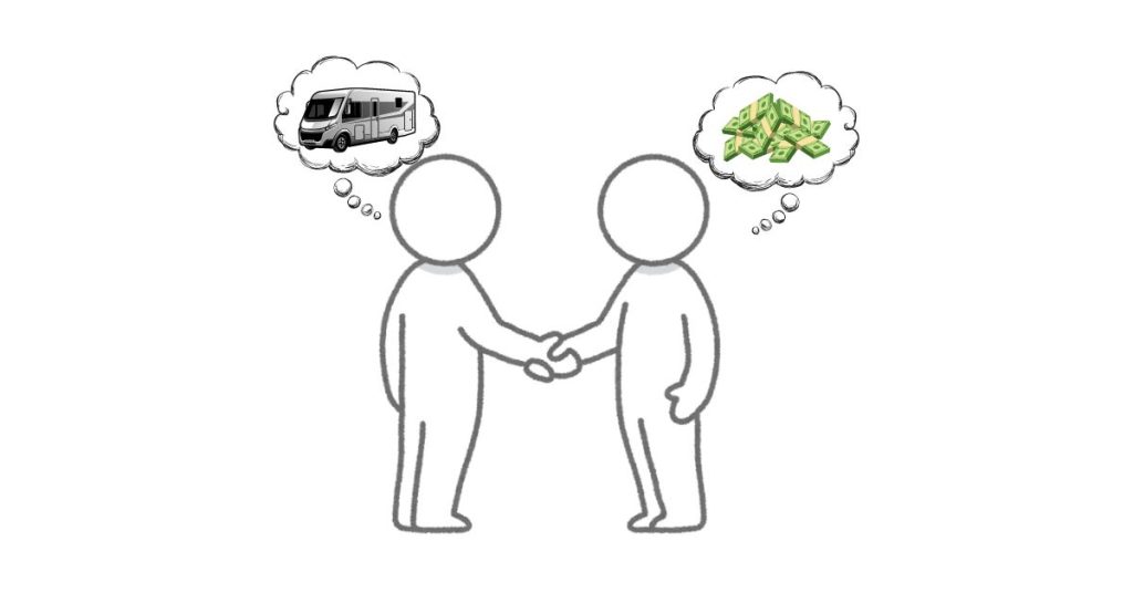 rv sales negotiations- two stick figures shaking hands- one has RV think bubble, the other has money think bubble