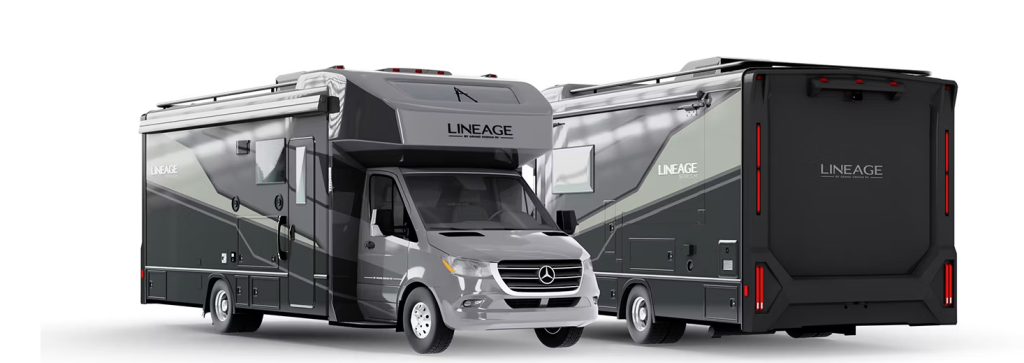 Two views of a sleek 'Lineage' motorhome showcasing its modern design. The front view highlights a Mercedes-Benz cab chassis with clean lines and aerodynamic styling, while the rear view displays vertical LED taillights and a streamlined back panel. The motorhome features large side panels and an extended awning, emphasizing comfort and sophistication for travel.
