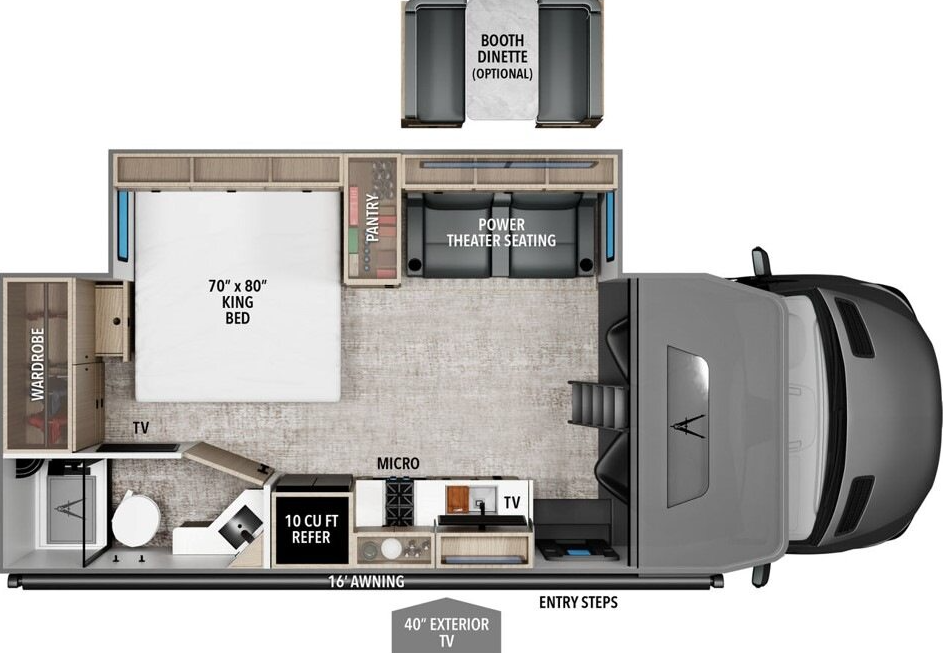 Floor plan diagram of the Lineage luxury motorhome. The floor plan shows a top-down view of the interior layout with labeled features. At the rear (left side) is a 70" x 80" king bed. Next to the bed is a wardrobe for clothing storage. The bathroom is located in the rear corner with toilet and shower indicated. Moving toward the front, the main living area contains "Power Theater Seating" (the two recliners seen in previous images) on one side, facing a TV. The kitchen area includes a refrigerator labeled "10 CU FT REFER", a microwave, and counter space. Above the diagram is an optional "BOOTH DINETTE" configuration. The front of the motorhome shows the Mercedes-Benz cab. External features are also labeled, including a 16' awning along the passenger side, entry steps, and a 40" exterior TV.