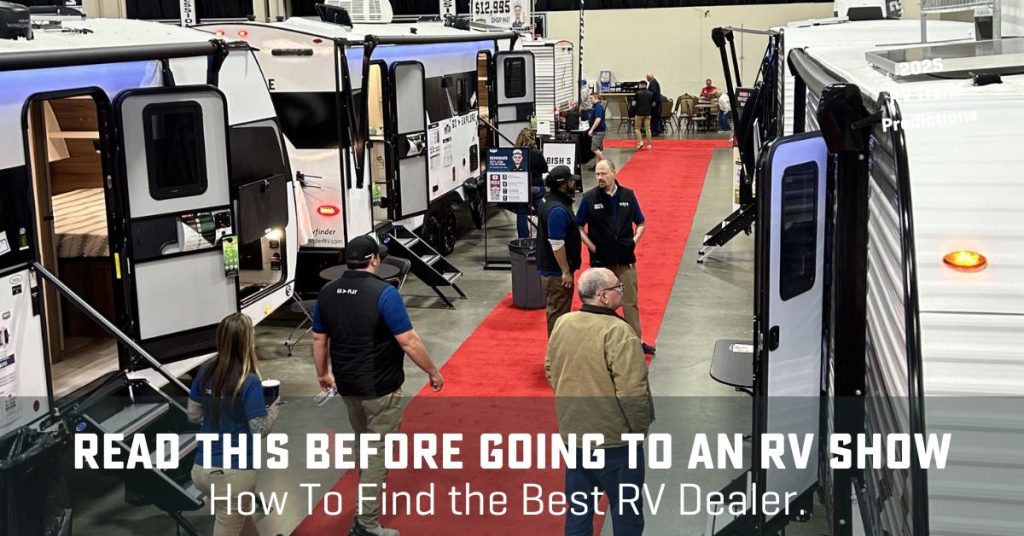 RV show with sales people talking to customers with text, "How to find best RV Dealer"