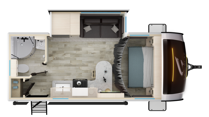 Top-down floor plan of a modern RV, featuring a compact layout. The design includes a front bedroom with a bed, a central living space with a sofa, and a kitchenette equipped with a sink, stove, and refrigerator. A bathroom with a shower and toilet is located at the rear, along with storage cabinets. The layout maximizes functionality and space efficiency.