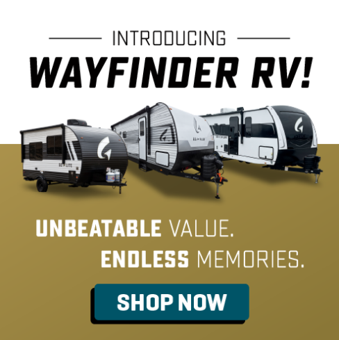 An advertisement for "Wayfinder RV" featuring three different travel trailers or campers shown from their exterior. The image has the text "INTRODUCING WAYFINDER RV!" at the top in bold black letters. Below the RV images is the tagline "UNBEATABLE VALUE. ENDLESS MEMORIES." At the bottom is a teal "SHOP NOW" button. The RVs appear to be white with black/dark accents, displaying the Wayfinder logo (which appears to be the same stylized "G" logo seen in the interior shots of previous images). The background is a gold/mustard yellow color. This promotional image appears to be marketing the same brand of RV that was featured in all the previous interior and exterior detail images.
