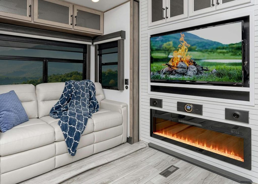 Keystone Montana Entertainment system and fireplace