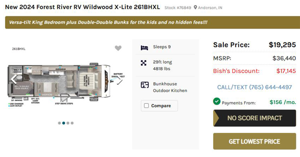 screen shot of 2024 wildwood 261BHXL- $19,000