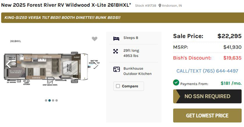 screen shot of 2025 wildwood 261BHXL- $22,000