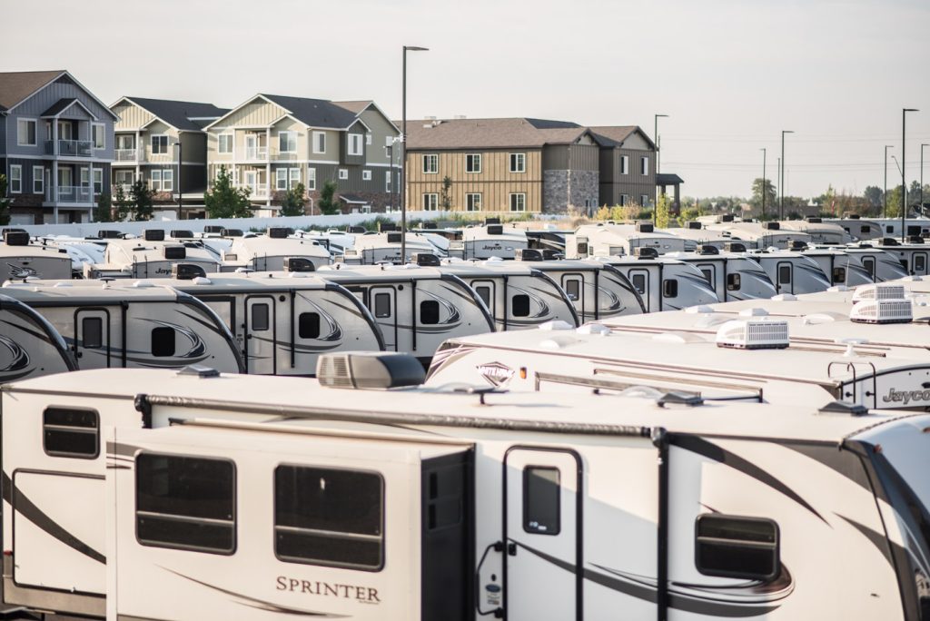An Bishs RV Dealer Lot full of New Travel Trailers