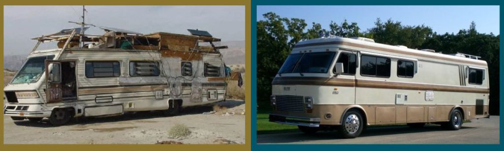 a beat up class A motorhome next to a well kept class a motorhome