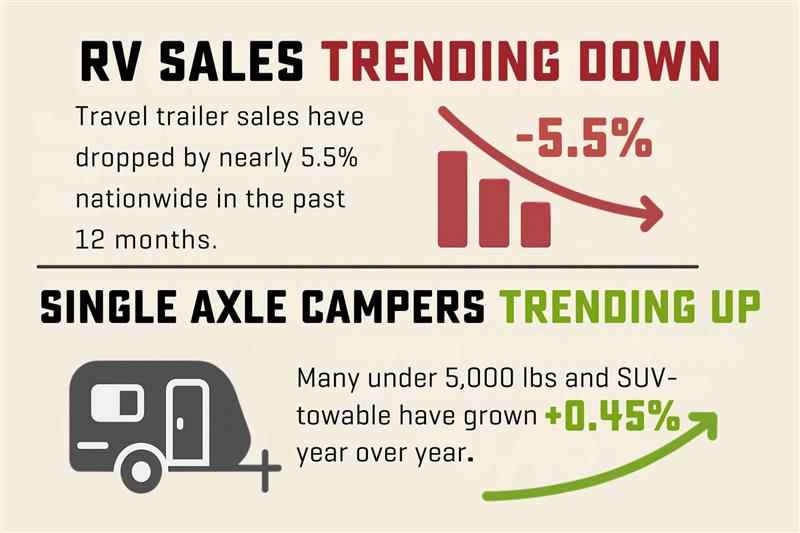 Data Graphic showing all travel trailer sales down 5.5% but single axle travel trailer sales up .45% (Past 12 Months)