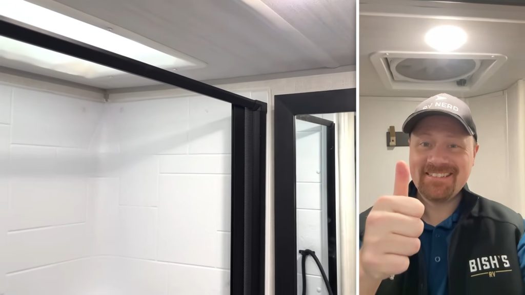 Shower inside R-Pod 153/ split screen- Josh the RV Nerd shows the shower has tall ceiling.