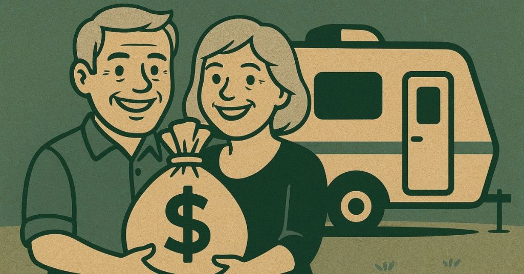 Senor couple outside their camper holding a bag of money