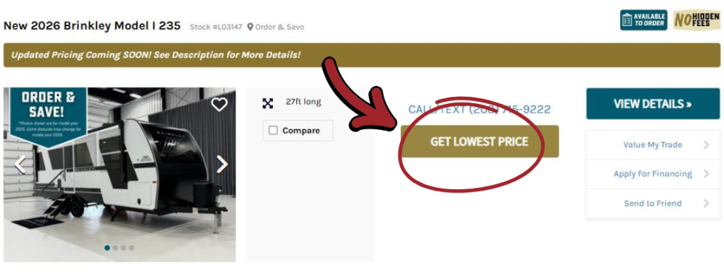 Screenshot of Bish's RV Brinkley Model I 235 Inventory Page- with red arrow pointing to "Get Lowest Price"