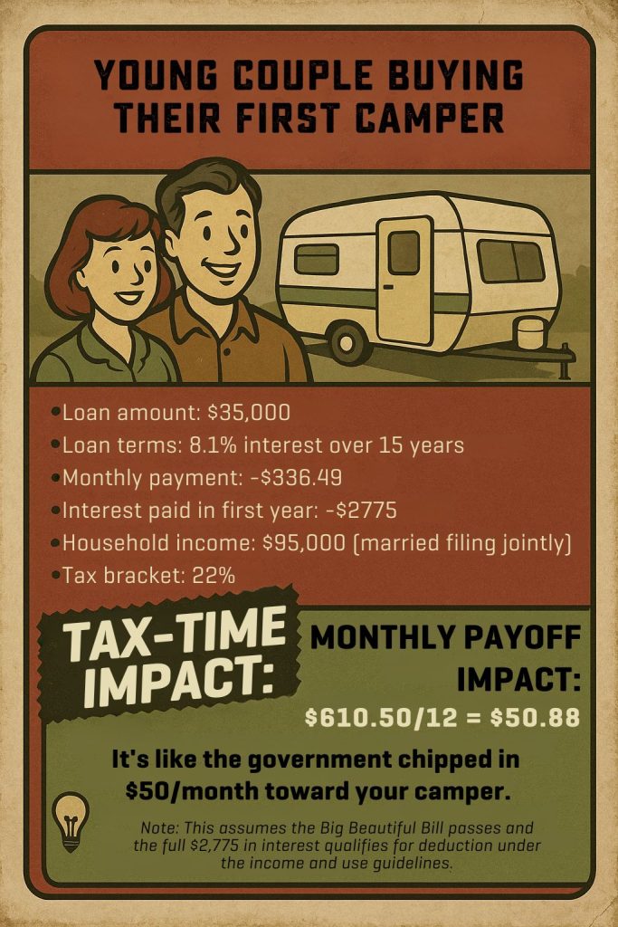 Infographic--Breakdown of Young couple Buying first camper and how the Big Beautiful Bill Tax Deductions help them save money at tax time