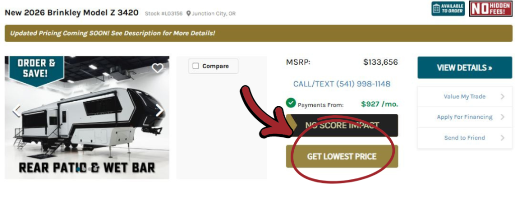 screen shot of Bish's RV's website  VDP page for Brinkley Z 3420-- with a red circle around "Get Lowest Price" button.