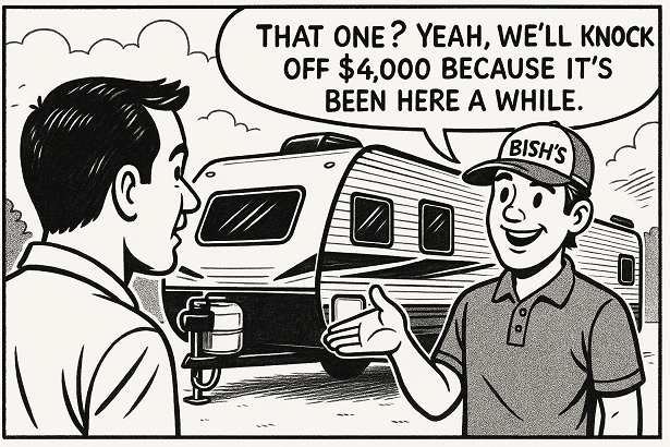 comic panel- salesman is pointing to a camp and says to customer, "That one? Yeah… we’ll knock off $4,000 because it's been here a while."