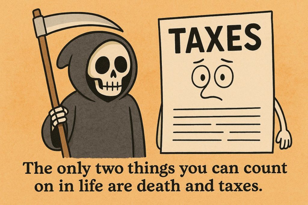 comic- Grim reaper and a piece of paper with arms and legs with "TAXES" on it