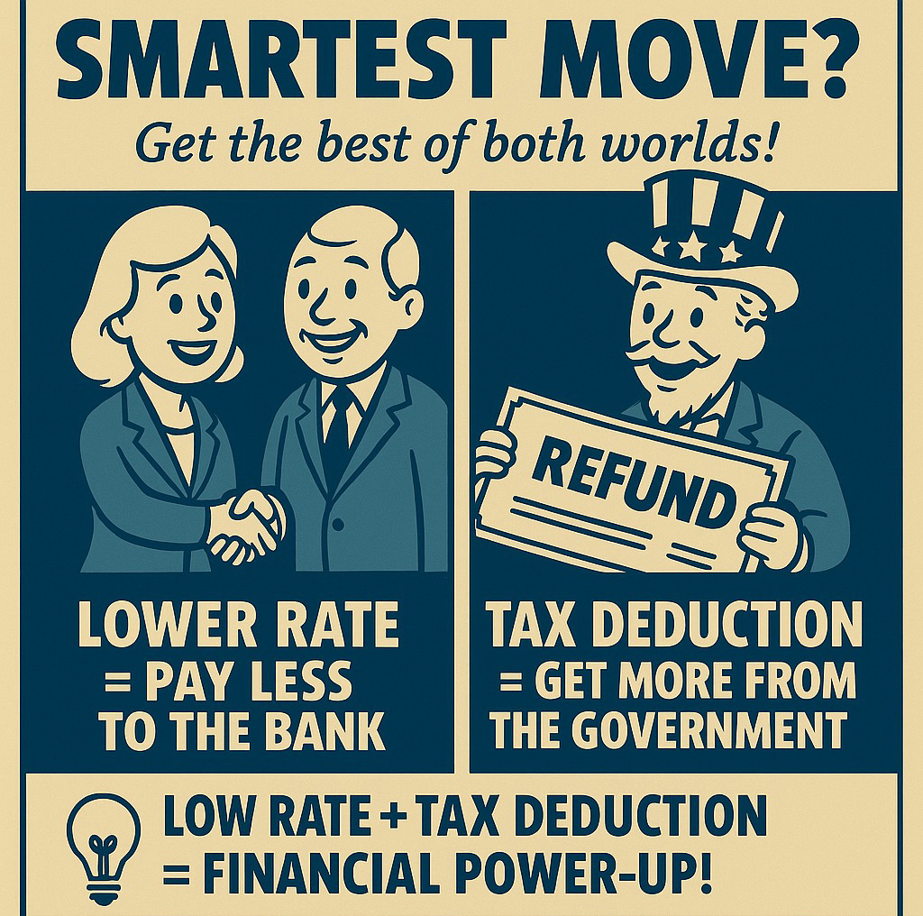 Smartest move-- uncle sam giving a tax refund and a loan manager shaking a woman's hand