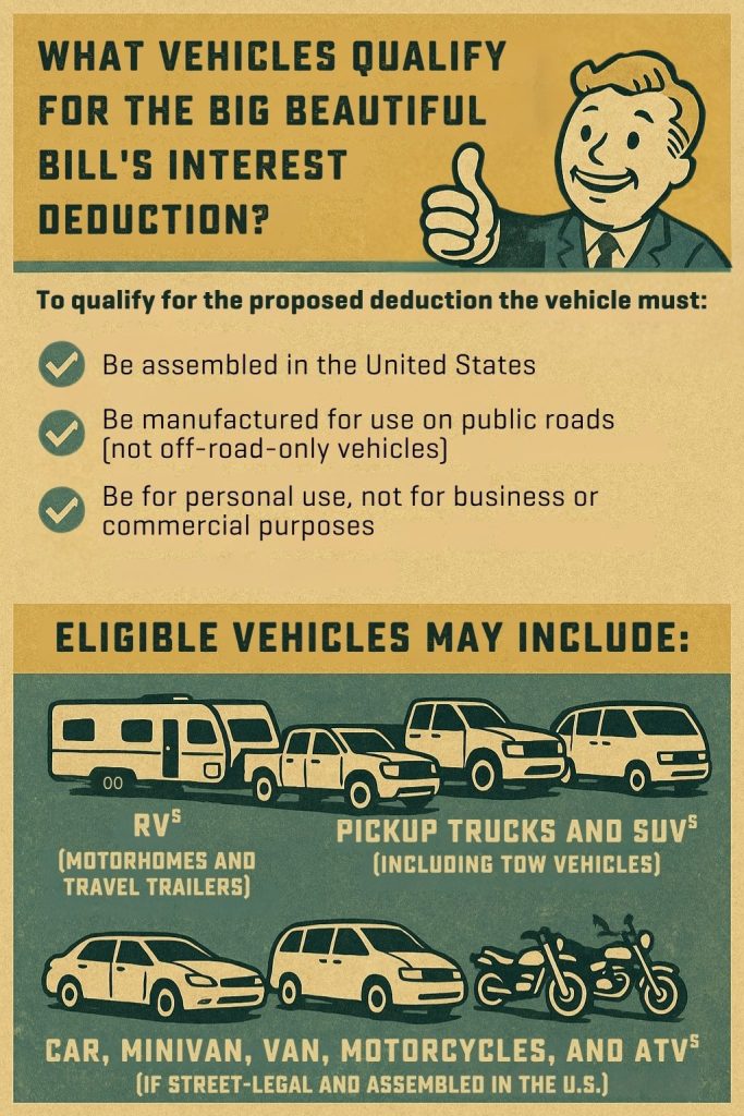infographic-- What Qualifications must vehicles meet to be eligible for Big Beautiful Bill Tax Deduction