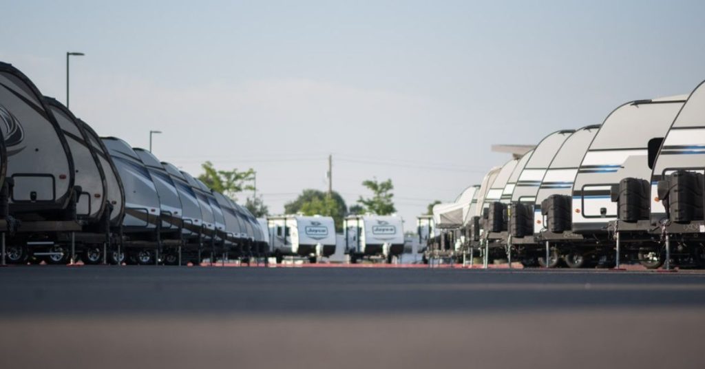 Rows of New RVs at RV Dealer lot