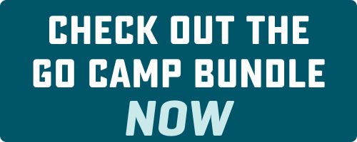 A rectangular promotional graphic with a teal background and bold white and light blue text that reads: “CHECK OUT THE GO CAMP BUNDLE NOW.” The word “NOW” is highlighted in a lighter shade to emphasize urgency. The design is clean and modern, encouraging viewers to explore a special camping-related offer.