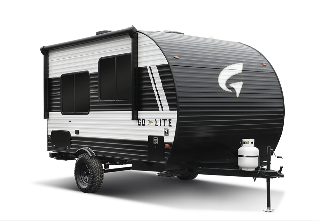 A white and black Go Lite travel trailer with dual axles and a modern aerodynamic front cap. The trailer features multiple windows, two rooftop air conditioning units, exterior storage compartments, and a fold-down entry staircase. Designed for towing, it offers a sleek and contemporary RV design.