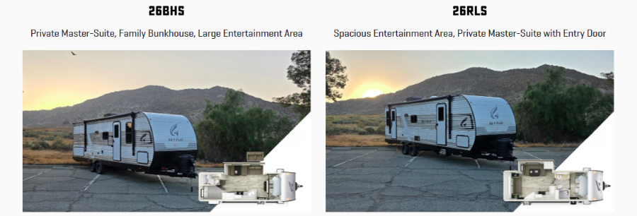 A side-by-side comparison of two Wayfinder RV travel trailers, the 26BHS and the 26RLS. The 26BHS is highlighted as having a private master suite, family bunkhouse, and large entertainment area, while the 26RLS emphasizes a spacious entertainment area and a private master suite with an entry door. Both trailers are parked in an outdoor lot with mountains and a setting sun in the background, each image featuring a small floor plan layout overlay.