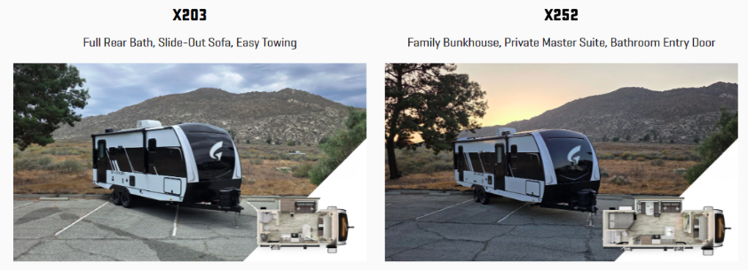 Side-by-side comparison of two Wayfinder RV models parked outdoors against a mountain backdrop. On the left, the X203 features a compact design with a full rear bath, slide-out sofa, and easy towing capabilities, with a small floorplan layout shown at the bottom corner. On the right, the X252 is larger, designed as a family bunkhouse with a private master suite and a bathroom entry door, also shown with its floorplan layout in the corner.