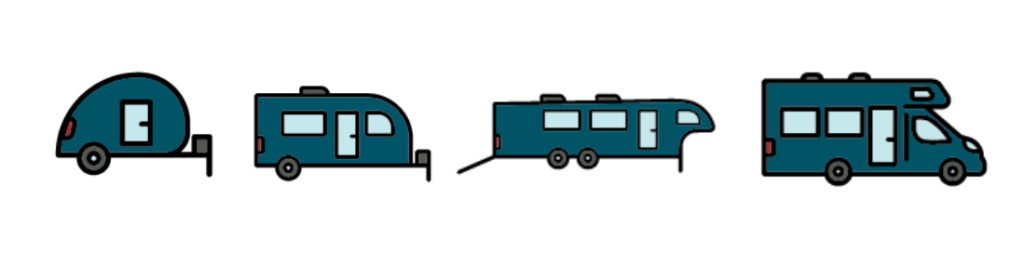 Illustration of four types of RVs: a small teardrop trailer, a mid-sized travel trailer, a larger fifth-wheel trailer, and a motorhome