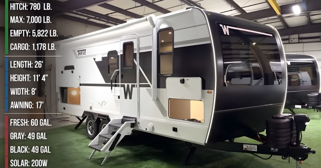 Winnebago Thrive travel trailer with specifications displayed, including 26-foot length, 7,000 lb GVWR, and 17-foot awning, featuring a modern black-and-white exterior with panoramic front window, LED lighting, and double entry steps.