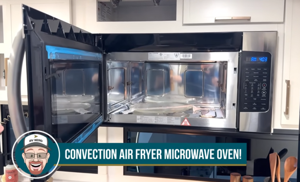 Brinkley Model Ix 20X convection air fryer microwave oven with stainless interior and digital controls, offering versatile cooking options in the luxury RV kitchen.