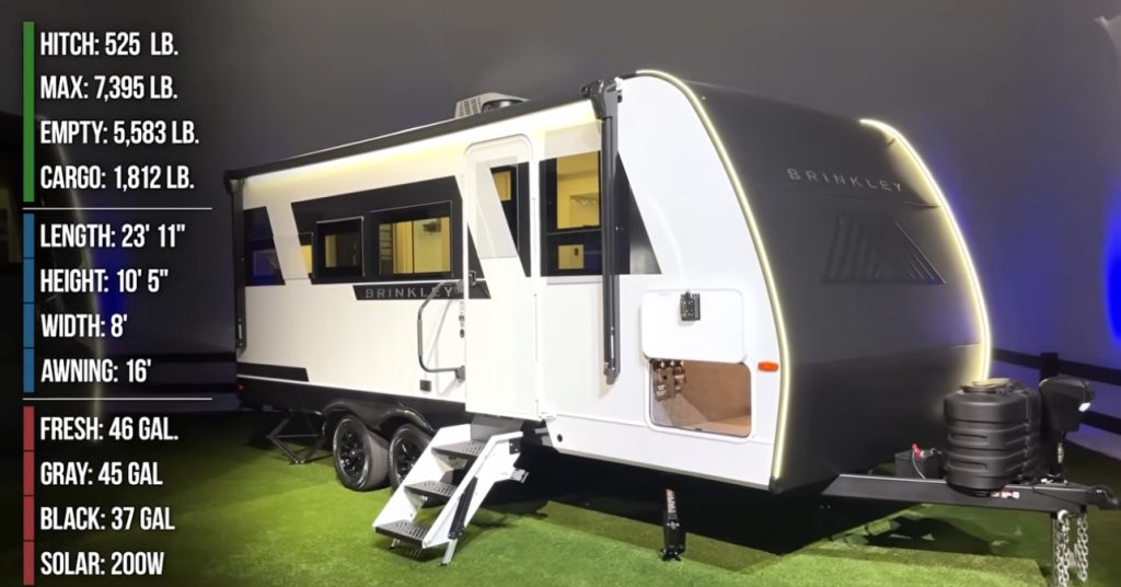 Brinkley Model Ix 20X travel trailer with illuminated exterior and spec list overlay showing 23'11” length, 7,395 lb GVWR, 46-gallon fresh tank, and 200W solar system.