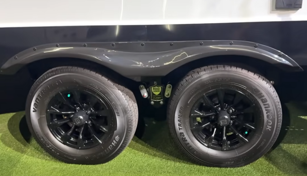 Brinkley Model Ix 20X dual-axle suspension with Hankook Vantra trailer tires and Road Armor suspension system for a smoother, more stable towing experience.