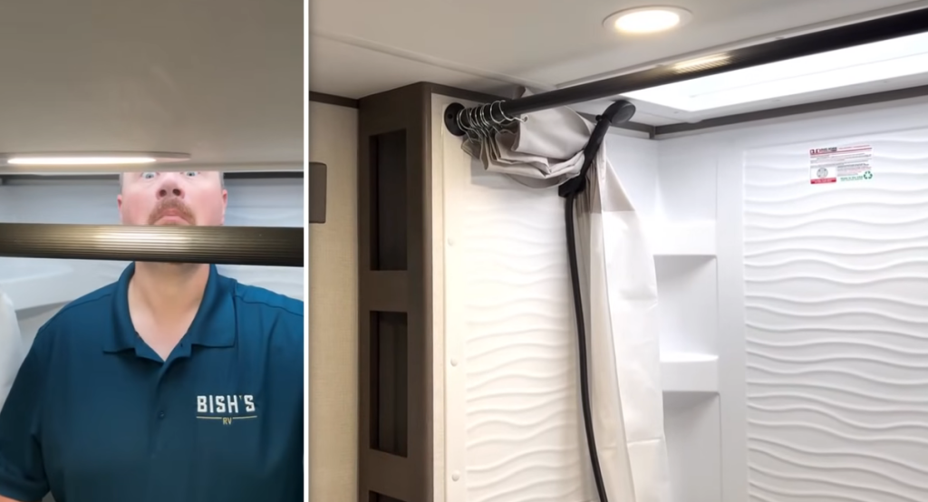 Grand Design Transcend Xplor 22RBX bathroom shower with skylight, textured wall surround, curtain rod, and RV Nerd representative demonstrating headroom.