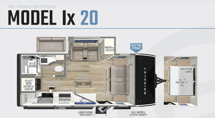 Brinkley Model Ix 20X travel trailer floor plan layout showing Murphy sofa bed, theater seating, kitchen with convection microwave, 10 cu ft refrigerator, and rear bathroom design.