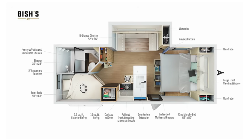 Winnebago Thrive 26T RV floor plan layout showing a spacious interior with a king Murphy bed, U-shaped dinette, full kitchen with countertop extension, bunk beds, shower, and dual wardrobes—optimized for family comfort and versatile camping living.