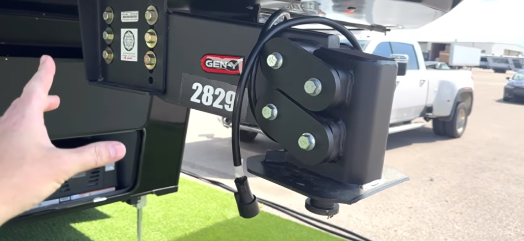 Brinkley Model G Series fifth wheel front Gen-Y pin box showing heavy-duty torsion system and reinforced frame design for improved towing stability and smoother ride quality.