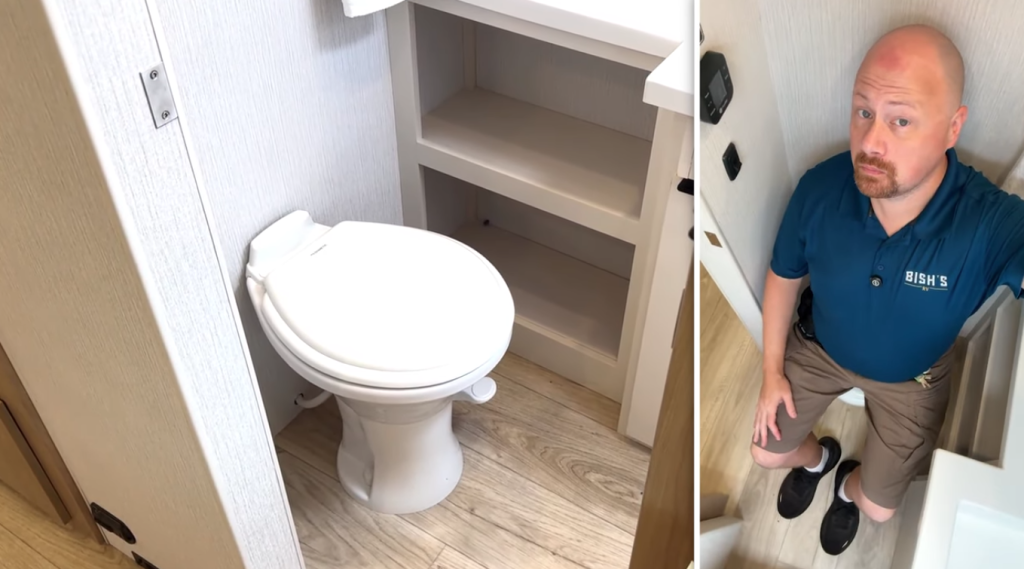 2026 Winnebago Thrive 22MLS bathroom featuring a porcelain foot-flush toilet, open shelving for storage, and spacious legroom for comfortable use.