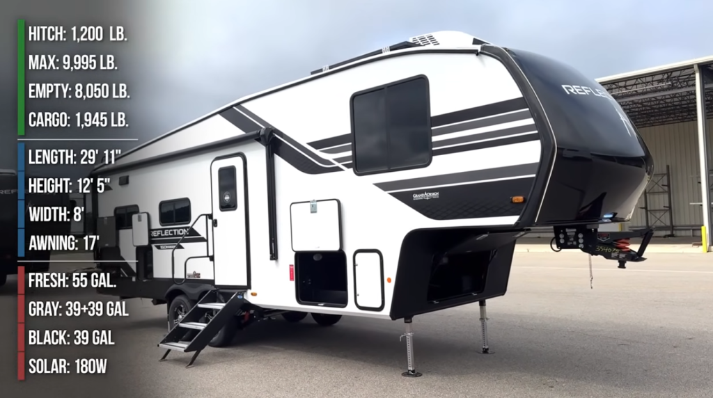 2026 Grand Design Reflection 150 270BN fifth wheel exterior in white and black finish, featuring aerodynamic front cap, dual axles, solid steps, and listed RV specifications for weight, length, and tank capacities.