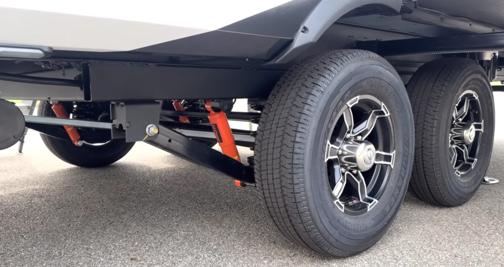 2026 Grand Design Reflection 150 270BN suspension system with dual axles, Goodyear Endurance tires, and upgraded CRE3000 equalizer for smoother towing stability.