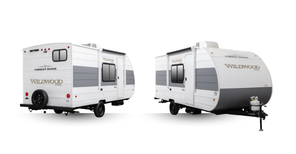Forest River Wildwood FSX travel trailer exterior showcasing compact lightweight design with aerodynamic front, single axle, and retro-inspired white and gray exterior finish.