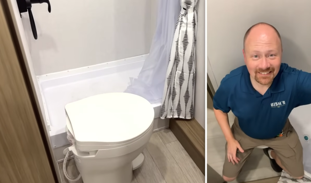 Forest River Wildwood FSX RV bathroom featuring a compact shower-tub combo, toilet, and efficient space design for small travel trailers.