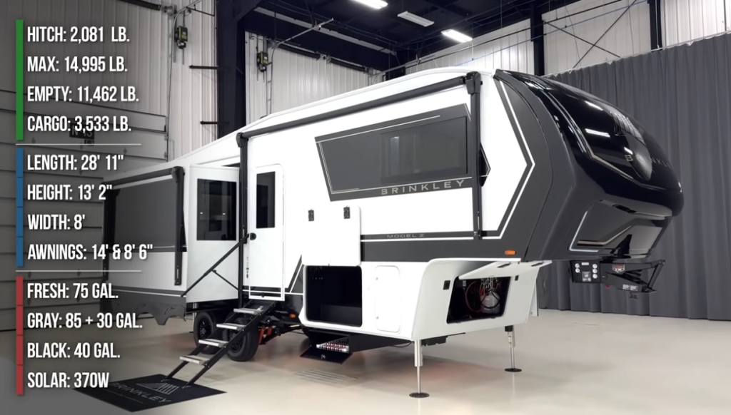 2026 Brinkley Model Z 2700 fifth wheel exterior in white and black with dual awnings, shown indoors with full weight and tank specs including 14,995 lb GVWR, 75-gallon fresh tank, and 370W solar capacity.
