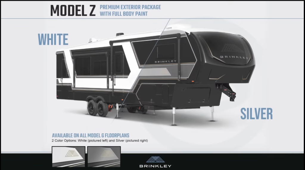 Brinkley Model Z fifth wheel showcasing premium exterior paint options in white and silver, part of the full-body paint package available across all Model Z floorplans.