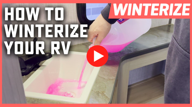 Person pouring pink RV antifreeze into a sink with bold text “How to Winterize Your RV” — illustrating step-by-step RV winterization for cold-weather protection.